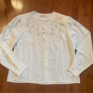 Vintage Kathy Che White Embroidered Blouse ~ Pearl Accents ~ 16 ~